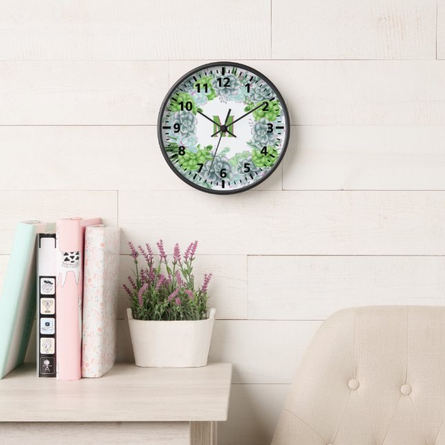 Horloge Monogramme floral de succulente verte moderne M (Salle de lecture)
