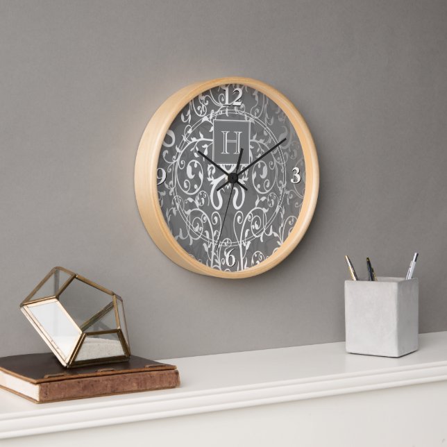 Horloge Monogramme Gris Élégant (Bureau)