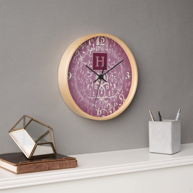 Horloge Monogramme Magenta Élégant (Bureau)