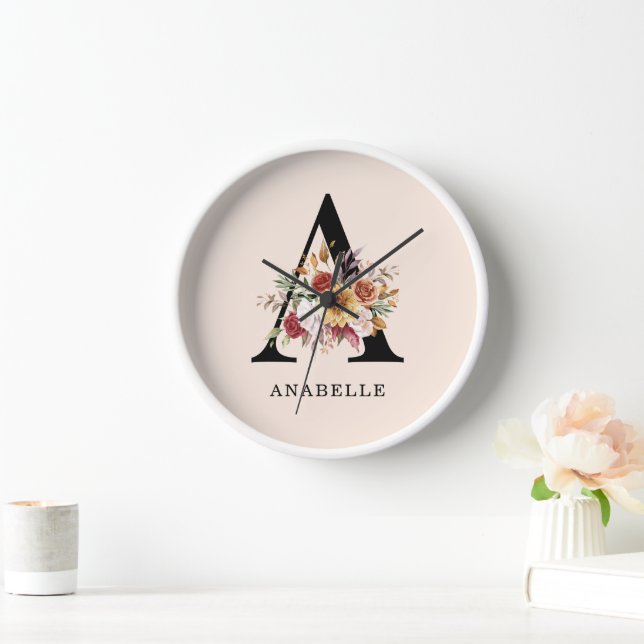 Horloge Monogramme Moderne Fleurs de Floraison Automne Aqu (Maison)