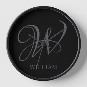 Horloge Monogramme noir gris élégant personnalisé initial