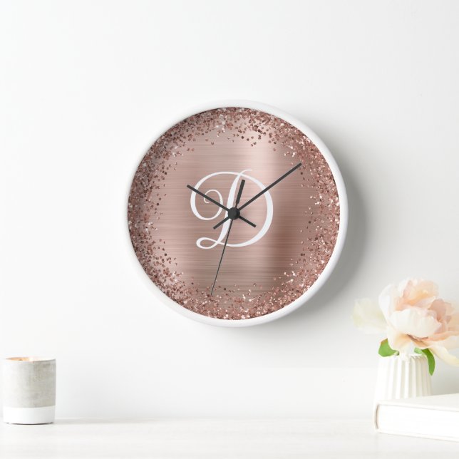 Horloge Monogramme pailleté et doré rose circulaire (Maison)