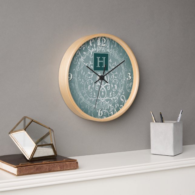 Horloge Monogramme turquoise Élégant (Bureau)
