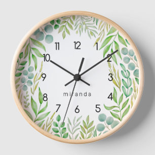 Horloge Monogramme Vert Feuillage Aquarelle Botanique