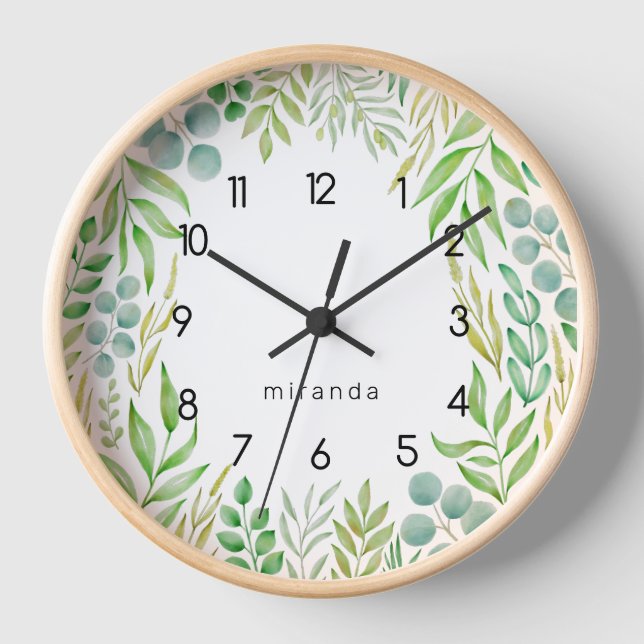 Horloge Monogramme Vert Feuillage Aquarelle Botanique (Recto)
