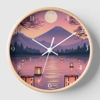 Horloge Mont Fuji éclairé par la lune, cerisiers en fleurs
