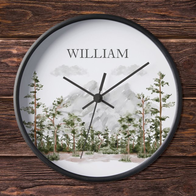 Horloge Montagne et forêt aquarelle monogrammée (In situ wood wall)