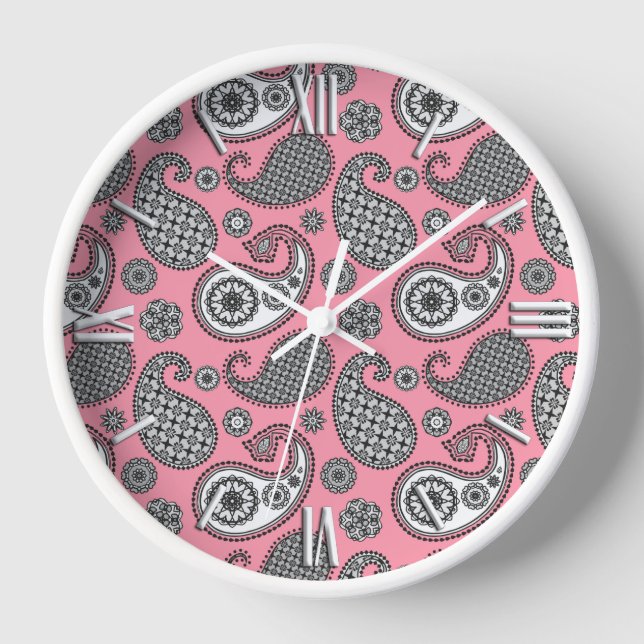 Horloge Motif cachemire, nuances de gris sur rose (Recto)