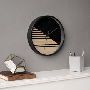 Horloge Motif Contemporain En Blocs Sur Faux Bois