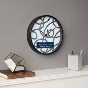 Horloge Motif de corde marine White Navy Beach House Horlo