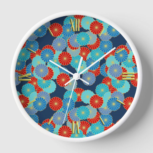 Horloge Motif de fleurs Art Déco - bleu, turquoise et roug (Recto)