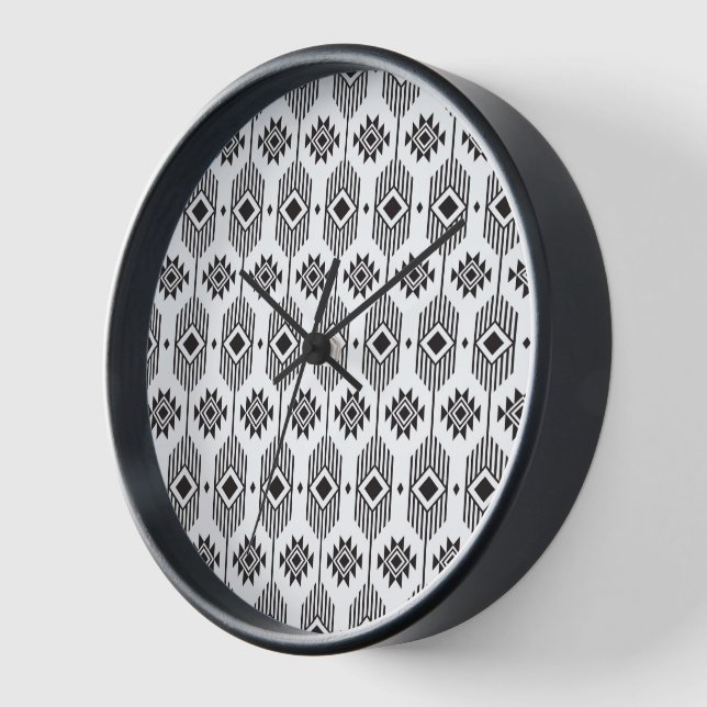 Horloge Motif géométrique ikat noir et blanc (Angle)
