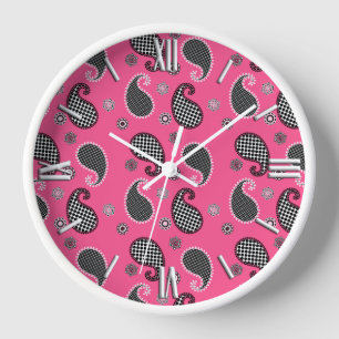 Horloge Motif Paisley, rose fuchsia, noir et blanc