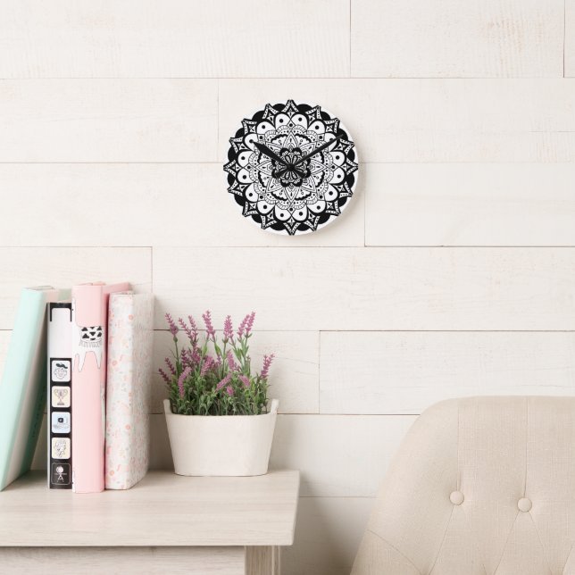 Horloge Mur Acrylique De Mandala Blanc Noir (Salle de lecture)