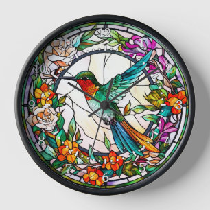 Horloge Mur de style vitrail de colibri