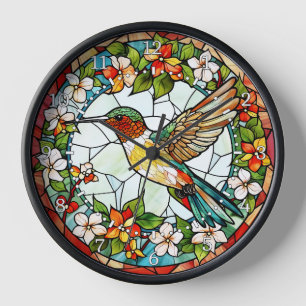Horloge Mur de style vitrail en forme de colibri