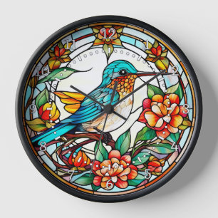Horloge Mur en style de vitrail représentant un colibri