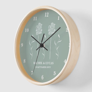 Horloge Mur minimaliste vert sauge à motif floral ondulé