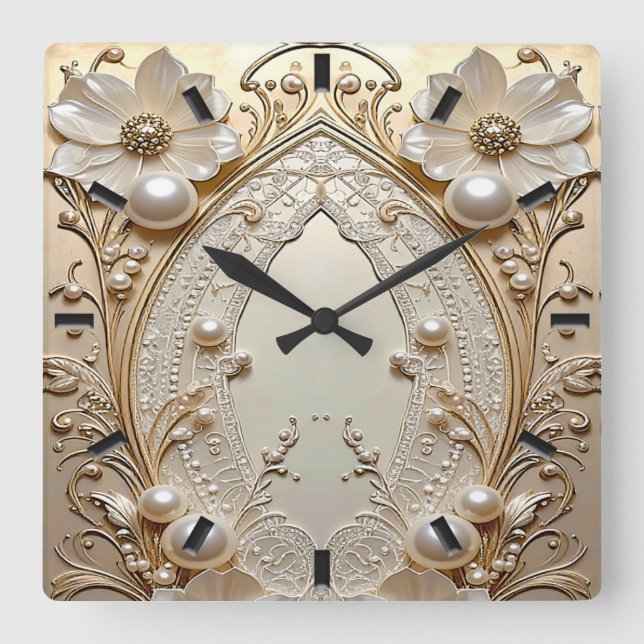 Horloge murale à fleurs blanches modernes et perle (Recto)