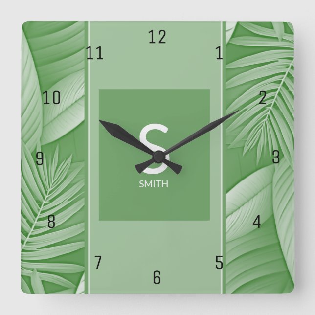 Horloge murale à monogramme vert tropical (Recto)