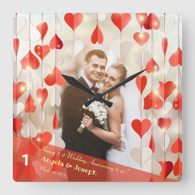 Horloge murale à rideau de coeurs pour 1er anniver (Recto)