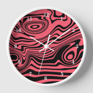 Horloge murale abstraite rose et noire ondulée - C