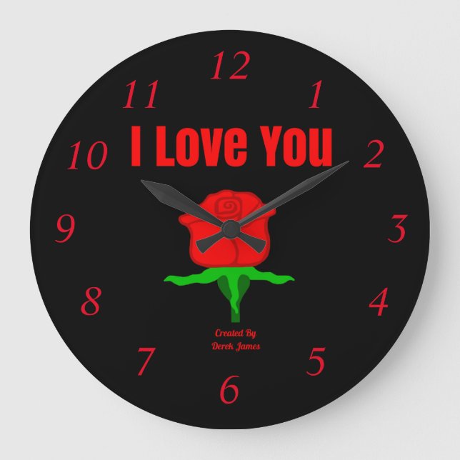 Horloge murale acrylique rouge de rose je t'aime (Recto)