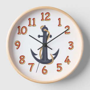 Horloge murale ancre bleu marine Cadre en bois nat