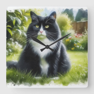 Horloge murale aquarelle Chat Tuxedo dans le Jardi