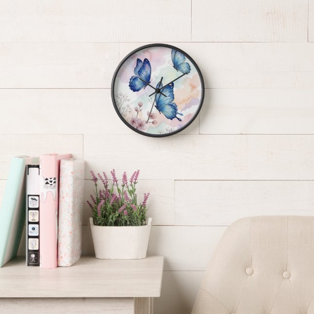 Horloge murale aquarelle papillon bleu Décor éléga (Salle de lecture)