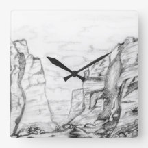 Horloge murale avec canyon esquissé en noir et bla