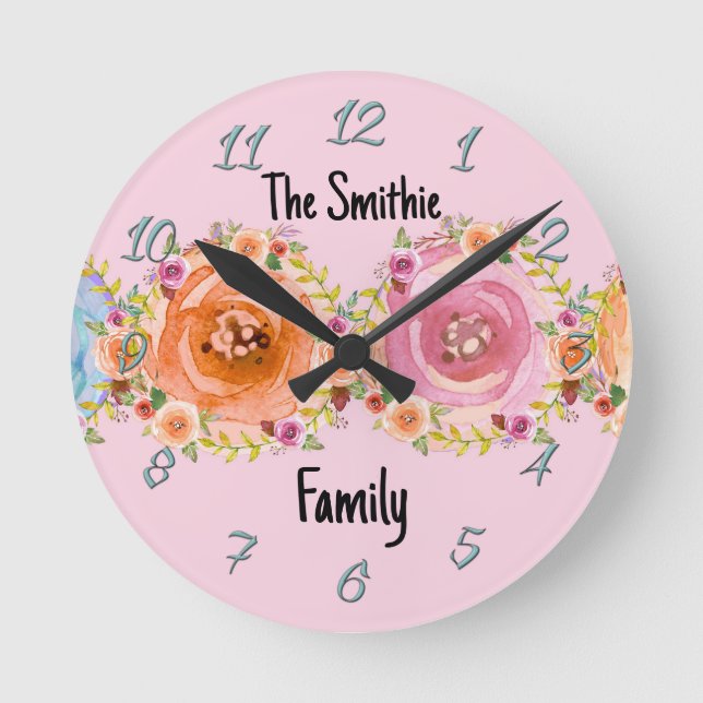 Horloge murale avec fleurs pastel en rose (Recto)