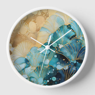 Horloge murale avec motif abstrait en bleu et or
