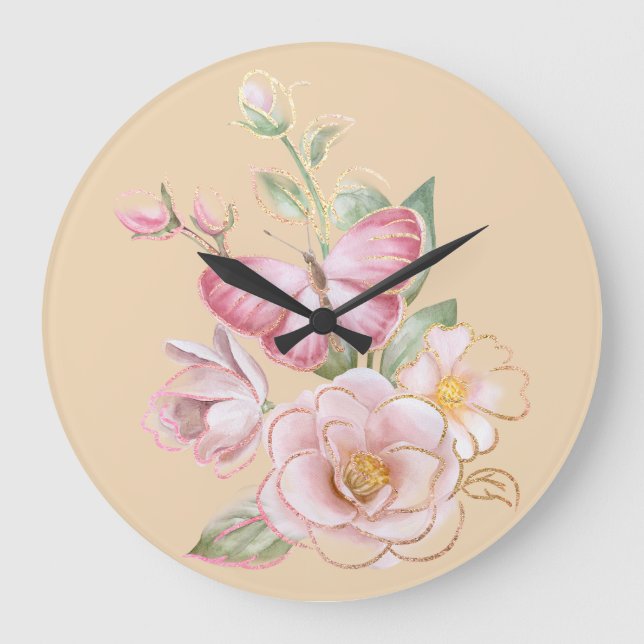 Horloge murale avec papillon et fleurs roses (Recto)