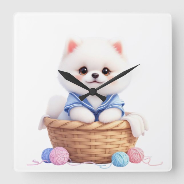 Horloge murale avec un chiot mignon dans un panier (Recto)