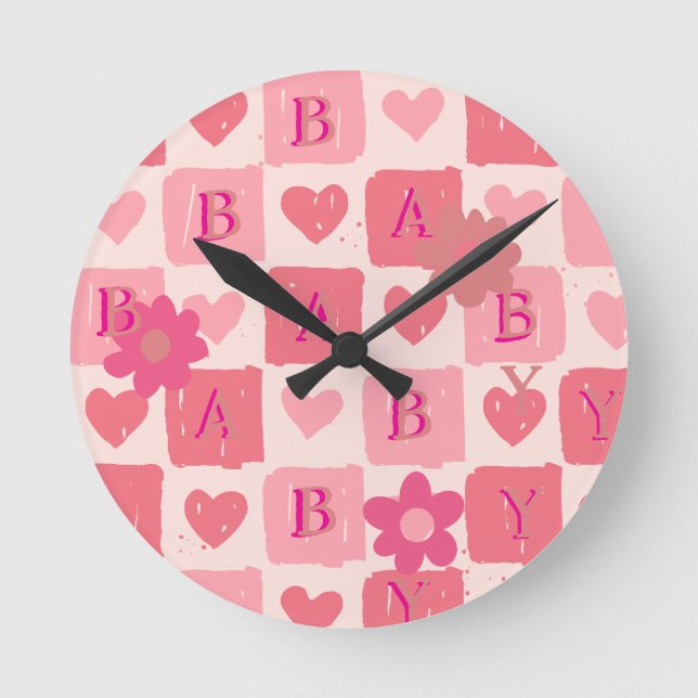 Horloge murale bébé à carreaux roses (Recto)