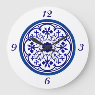 Horloge murale bleu blanc inspirée de Delft