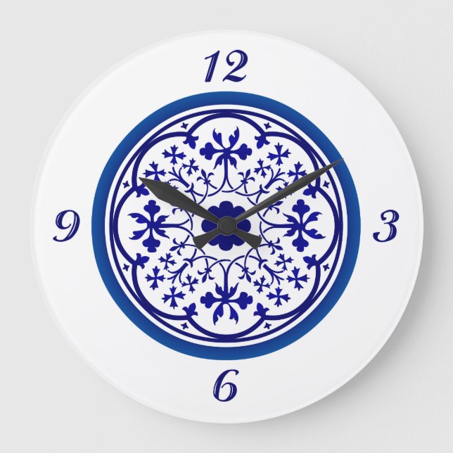 Horloge murale bleu blanc inspirée de Delft (Recto)