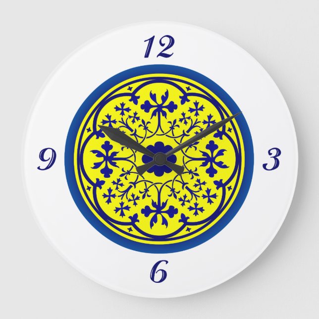 Horloge murale bleu blanc jaune inspirée de Delft (Recto)