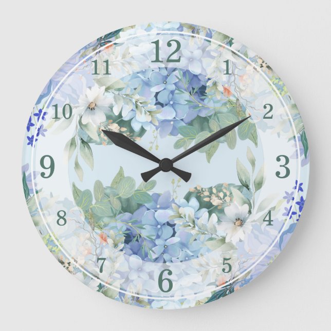 Horloge murale bleu Hydrangea et florale (Recto)