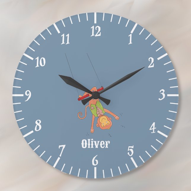 Horloge murale bleue enfant singe acrobate (Circus theme nursery wall clock .)