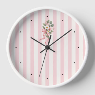 Horloge murale botanique florale rayée rose
