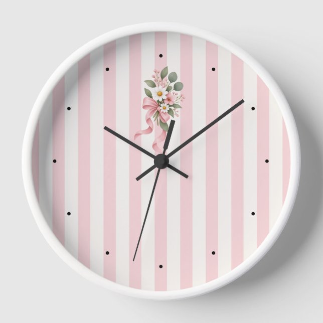 Horloge murale botanique florale rayée rose (Recto)