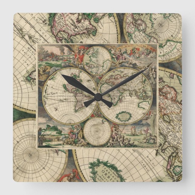 Horloge murale carré/Carte du monde (Recto)