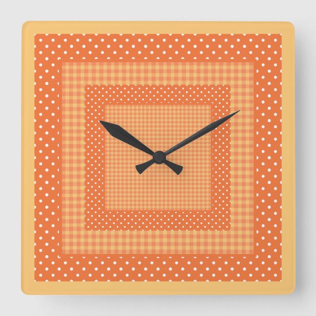 Horloge murale carré, Chèques orange et Pois (Recto)