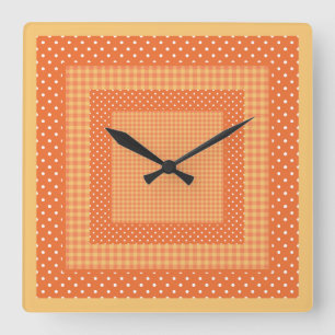 Horloge murale carré, Chèques orange et Pois