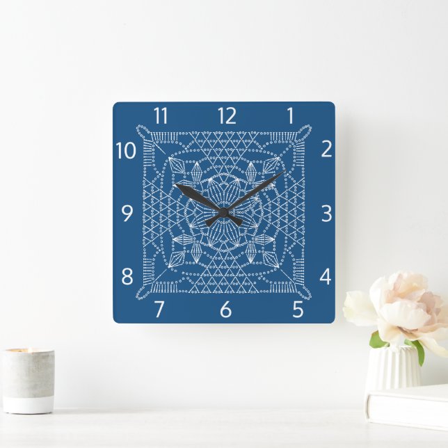 Horloge murale Carré classique en crochet bleu (Maison)