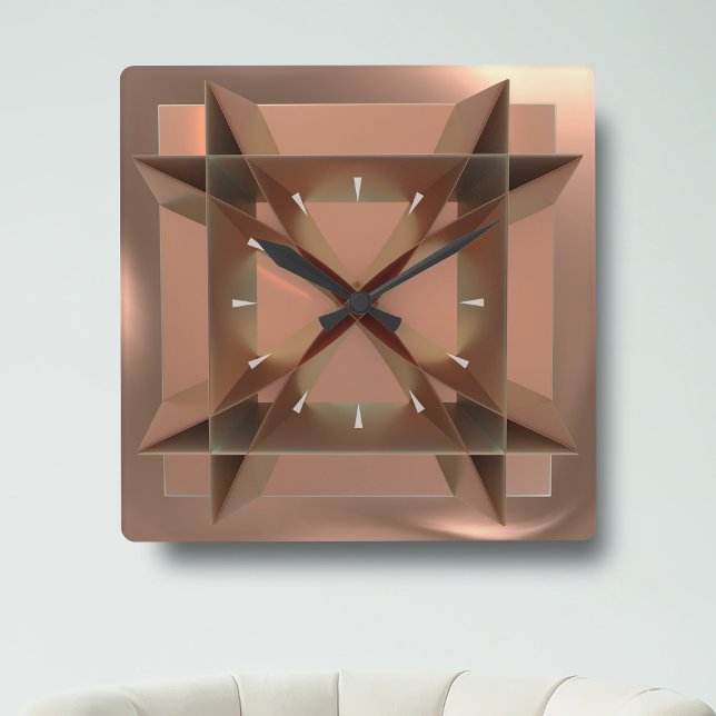 Horloge murale Carré de couleur cuivre géométrique (This trendy faux copper square wall clock will add a touch of style to your lovely home!)