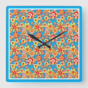 Horloge murale carré, Fleurs orange, Bordure bleue