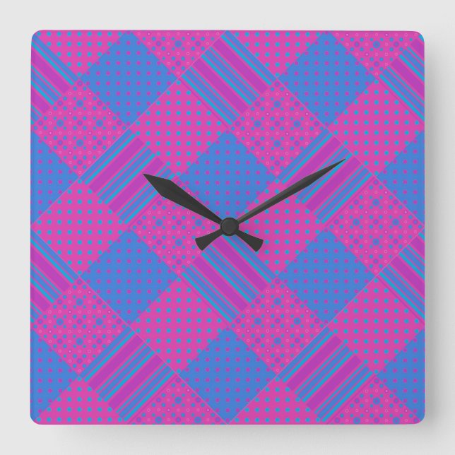 Horloge murale carré : Magenta, Faux-Patchwork ble (Recto)